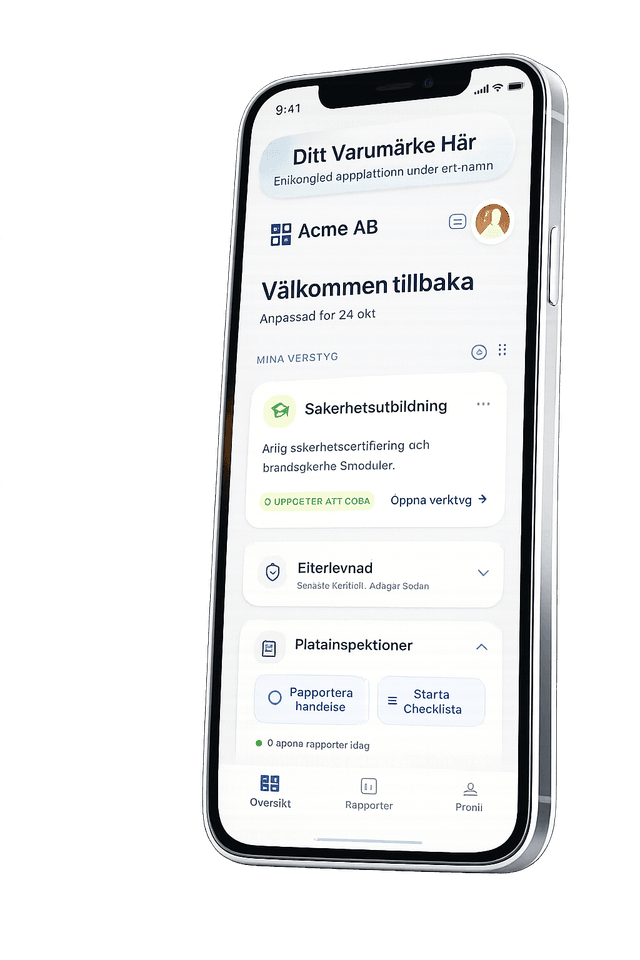 White-label säkerhetsapp med brandskydd, arbetsmiljö och egenkontroll